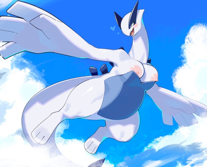 3_toes 5_fingers anthro areola blush breasts cloud day feet female fingers flying front_view fur heart_symbol nipples nude nude_anthro nude_female open_mouth outside sky solo tail teeth toes tongue white_body white_fur white_tail kame_3 nintendo pokemon generation_2_pokemon legendary_pokemon lugia pokemon_(species) 2024 digital_media_(artwork) hi_res