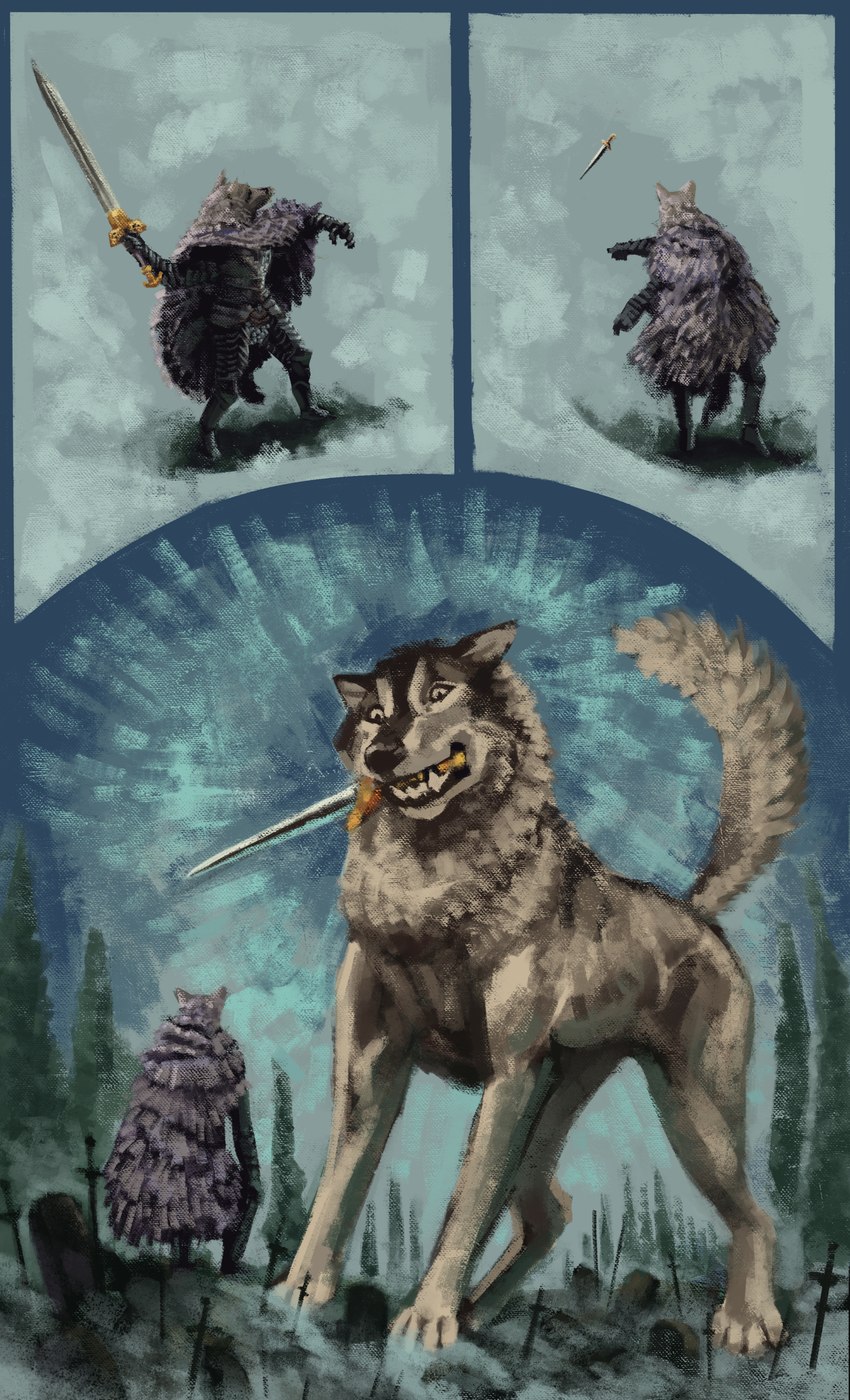 anthro armor cloak clothed clothing duo female feral fetch male melee_weapon sword throwing throwing_object weapon momamo dark_souls elden_ring fromsoftware blaidd_(elden_ring) great_grey_wolf_sif canid canine canis mammal wolf 2022 absurd_res comic digital_media_(artwork) digital_painting_(artwork) hi_res painting_(artwork)