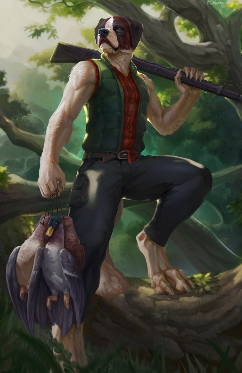 5_fingers anthro bolt-action bolt-action_rifle bolt_action bolt_action_rifle claws day detailed_background feet fingers forest grass gun kar98k male outside plant ranged_weapon rifle toes tree weapon silgiriya_mantsugosi canid canine canis domestic_dog mammal 2022 digital_media_(artwork) hi_res