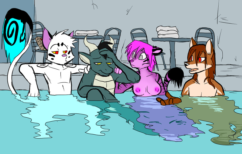 anthro areola breasts clothed clothing female group hungover male nipples pink_areola pink_nipples swimming_pool tail topless metal_(artist) mythology arra metal_(character) sai_(lovelymiyu) canid canine dragon felid feline fox mammal mythological_creature mythological_scalie pantherine scalie tiger 2012 digital_media_(artwork)