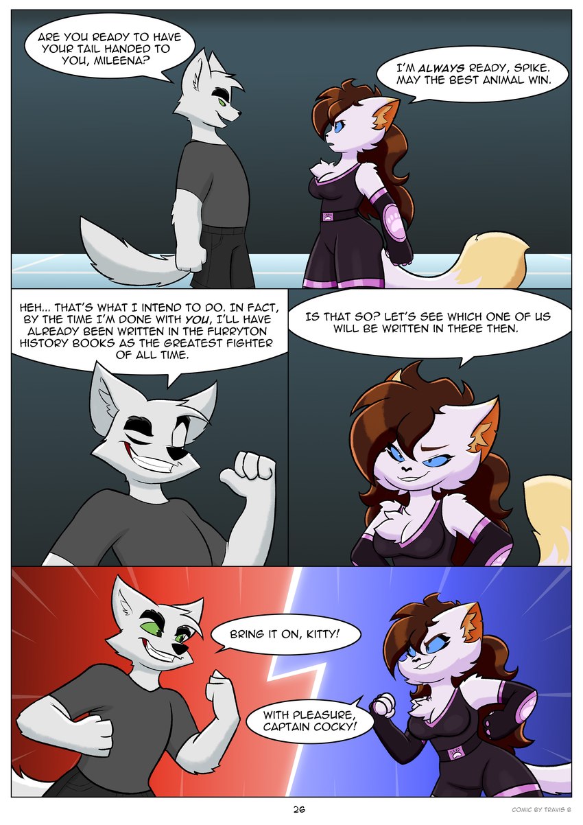 anthro border dialogue female male text white_border travis_the_dragon travis_the_dragon_dimension_ride_(comic_series) mileena_smith_(travis_the_dragon) spike_fergison_(travis_the_dragon) canid canine canis domestic_cat felid feline felis mammal wolf absurd_res comic english_text hi_res