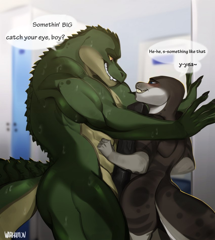 anthro barazoku big_muscles big_penis blue_eyes blurred_background blush bodily_fluids brown_body brown_fur claws confident dialogue duo frottage fur genitals green_body green_scales grin grinding huge_genitalia huge_muscles huge_penis imminent_sex locker_room looking_at_another looking_down male male/male multicolored_body multicolored_fur multicolored_scales muscular penile penis questionable_consent scales scutes sex shy size_difference smile sweat tail teasing teeth text thick_arms thick_tail thick_thighs toothy_grin yellow_eyes warhamon fluximus_(flux) fluximus_(mason) alligator alligatorid crocodilian mammal marine pinniped reptile scalie seal 2022 digital_media_(artwork) english_text hi_res signature story story_in_description watermark