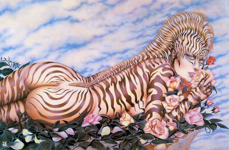 anthro biped bodypaint butt cloud female flower leaf looking_at_viewer lying mohawk outside painted_markings plant rose_(flower) sky solo stripes olivia_de_berardinis equid equine human mammal zebra 1981