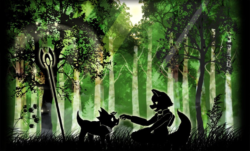 anthro duo forest grass male plant silhouette sitting staff tree weapon wata_imo nintendo star_fox fox_mccloud prince_tricky canid canine dinosaur fox mammal prehistoric_species reptile scalie