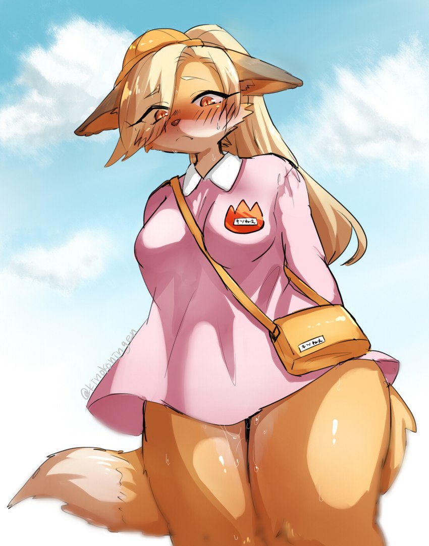 ageplay anthro blonde_hair blush bodily_fluids bottomless breasts clothed clothing cloud countershading dutch_angle ears_down eyelashes female fur genital_fluids hair hair_over_eye hands_behind_back hat headgear headwear infantilism kemono kindergarten_uniform low-angle_view one_eye_obstructed orange_body orange_eyes orange_fur pivoted_ears roleplay school_uniform shoulder_bag sky smock solo sweat text translucent translucent_hair uniform vaginal_fluids white_body white_fur kinokoningen kitsune_no_oneesan_(kinokoningen) canid canine fox mammal hi_res japanese_text portrait three-quarter_portrait translated