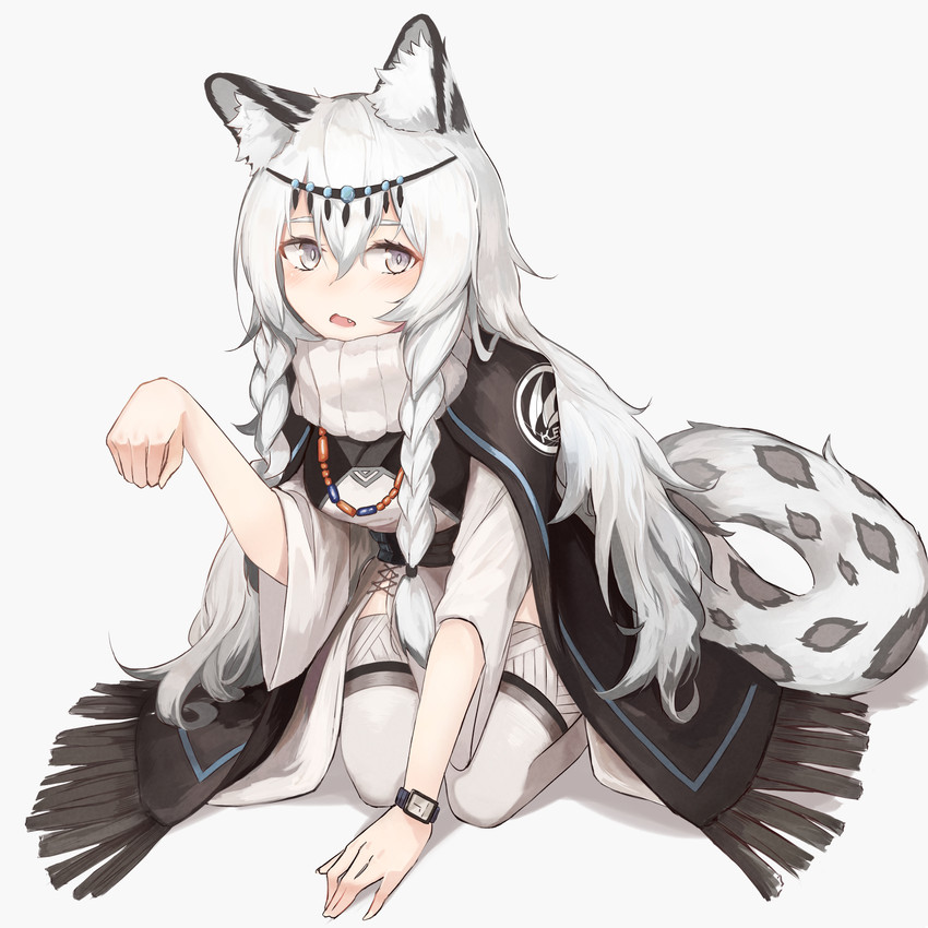 5_fingers blush braided_hair breasts clock clothing cute_fangs fangs female fingers grey_eyes hair jewelry kneeling legwear long_hair looking_aside paw_pose pose simple_background solo stockings teeth watch white_background white_hair wristwatch kashiyarrm arknights hypergryph studio_montagne pramanix_(arknights) animal_humanoid felid felid_humanoid humanoid mammal mammal_humanoid pantherine pantherine_humanoid snow_leopard_humanoid 1:1 2020 hi_res