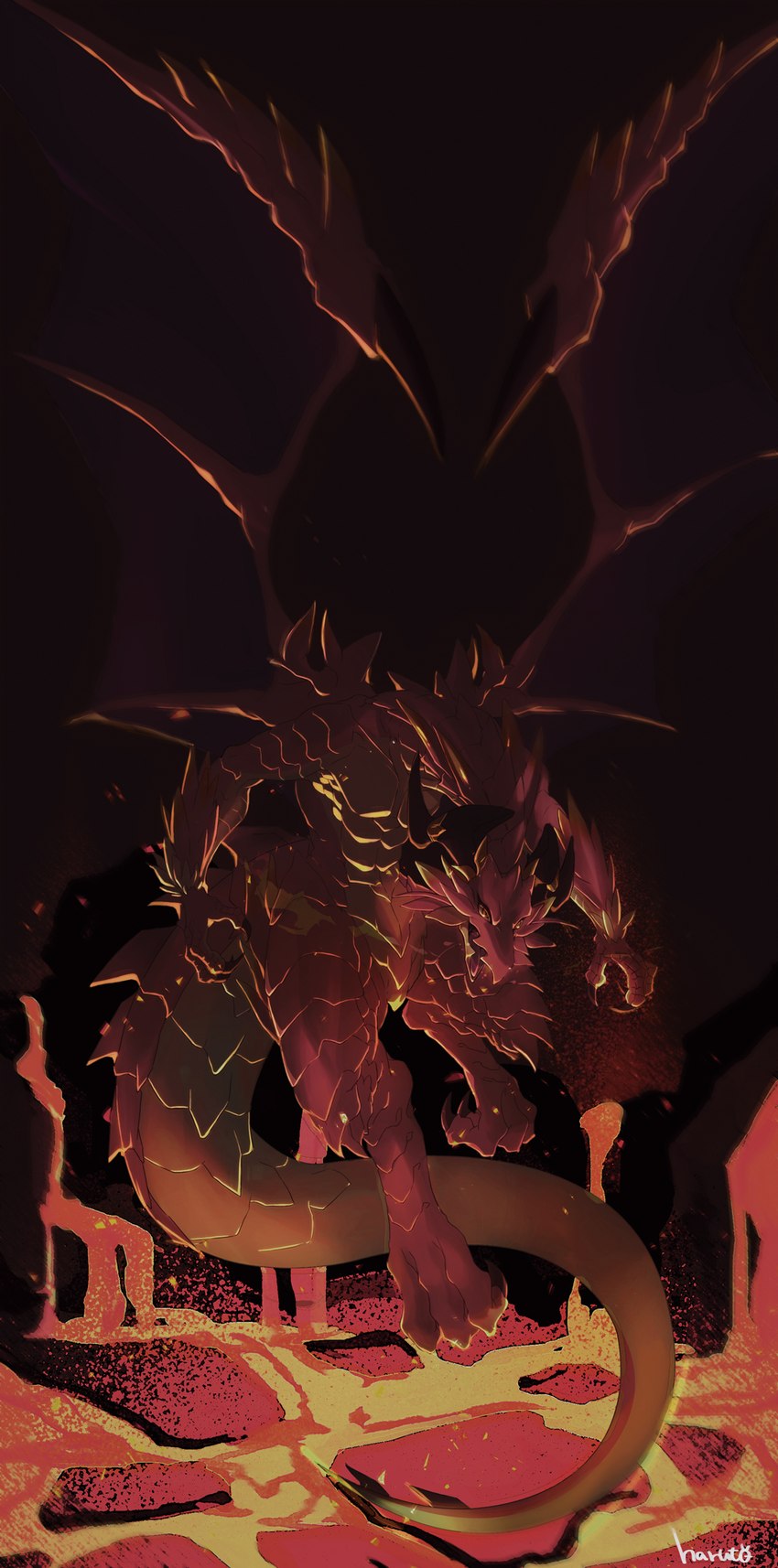 claws female feral flat_chested horn lava membrane_(anatomy) membranous_wings open_mouth red_body red_scales scales solo tail white_body white_scales wings yellow_body yellow_scales h_rt2 cygames dragalia_lost european_mythology mythology nintendo brunhilda_(dragalia_lost) dragon mythological_creature mythological_scalie scalie western_dragon digital_media_(artwork) hi_res