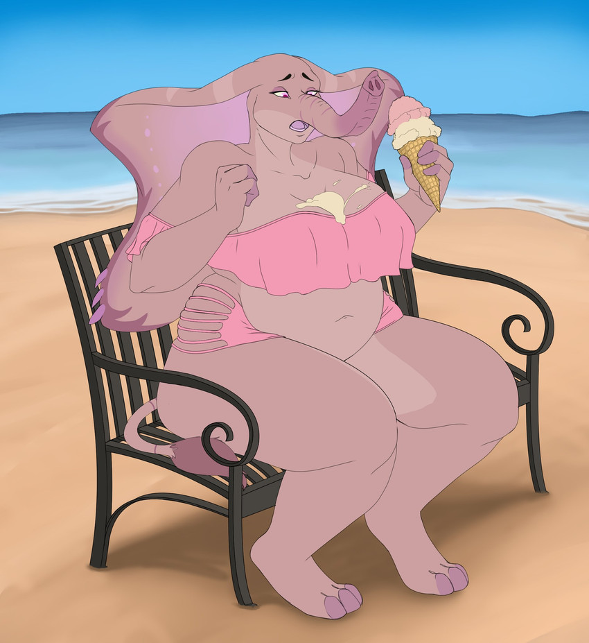 anthro beach bench bikini breasts cleavage clothed clothing dessert female food ice_cream melting melting_ice_cream outside seaside sitting solo swimwear two-piece_swimsuit sweetvixsin sarah_fairhart elephant elephantid mammal proboscidean hi_res