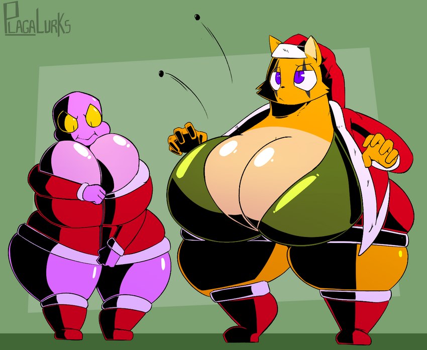 anthro big_breasts breasts button_(fastener) button_pop christmas_clothing christmas_headwear clothing costume duo female hat headgear headwear holidays huge_breasts huge_thighs hyper hyper_breasts purple_body purple_eyes robe santa_costume santa_hat struggling_to_fit thick_thighs wardrobe_malfunction yellow_body plaga christmas brittle_(plaga) parfait_(plaga) tubbs_(plaga) felid gravelin mammal pantherine scalie tiger 2023