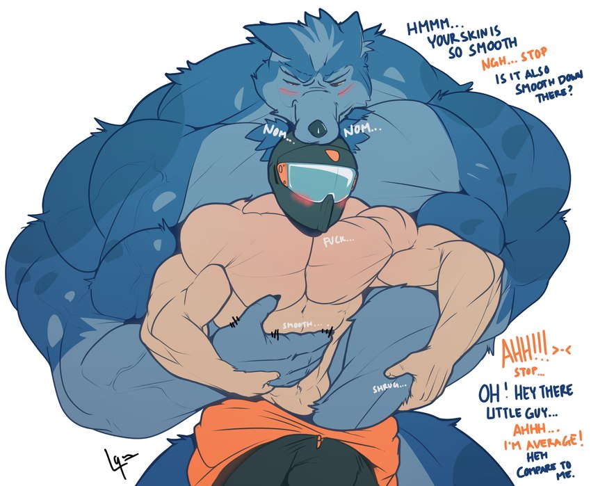 abs anthro armor big_dom_small_sub big_muscles big_pecs biker blue_body blue_fur blush caressing clothed clothing dominant duo explicitly_stated_nonconsent fur hand_in_pants hand_on_abs hand_on_chest headgear helmet holding_partner hug huge_muscles huge_pecs human_on_anthro imminent_sex interspecies larger_anthro larger_male male male/male molestation muscular muscular_anthro muscular_human muscular_male navel nude pecs size_difference smaller_human smaller_male text topless topless_male vein veiny_muscles leograndoa canid canine canis human mammal wolf colored english_text hi_res signature