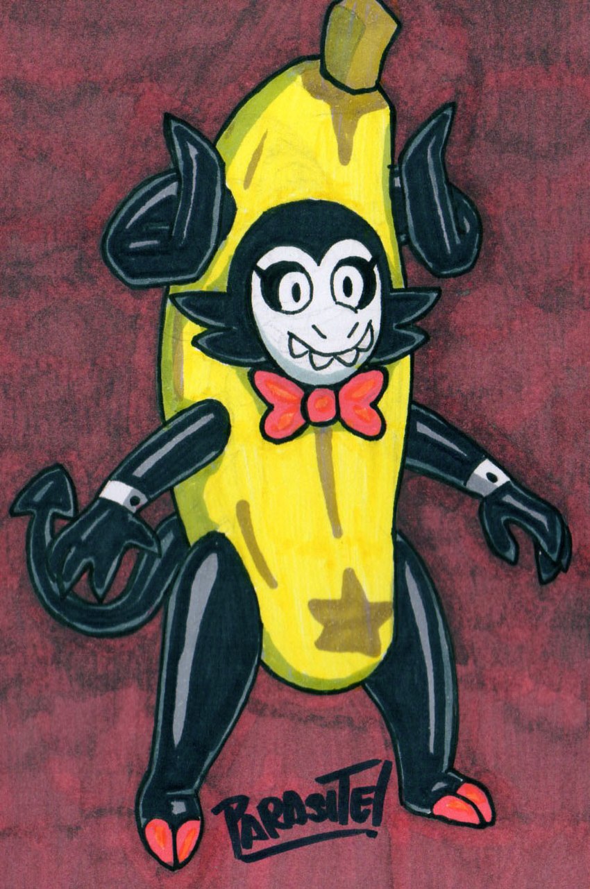 2_horns 4_fingers abstract_background banana_costume black_body black_sclera black_skin bow_tie curled_horn eyelashes fingers hooves horn long_tail male pointed_tail sharp_teeth smile solo tail teeth white_eyes parasitedeath el_diablo_(parasitedeath) demon demon_humanoid horned_humanoid humanoid tailed_humanoid 2024 artist_name graphite_(artwork) hi_res marker_(artwork) pencil_(artwork) signature traditional_media_(artwork)