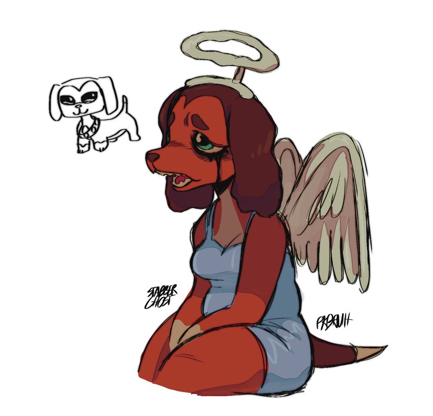 anthro clothing collar dress eyebrows feathered_wings feathers female feral gloves_(marking) green_eyes halo makeup markings mascara running_makeup running_mascara slightly_chubby snout solo tail teeth wings stabberghost hasbro littlest_pet_shop littlest_pet_shop:_popular lps_675 savannah_reed angel canid canine canis dachshund domestic_dog hunting_dog mammal hi_res