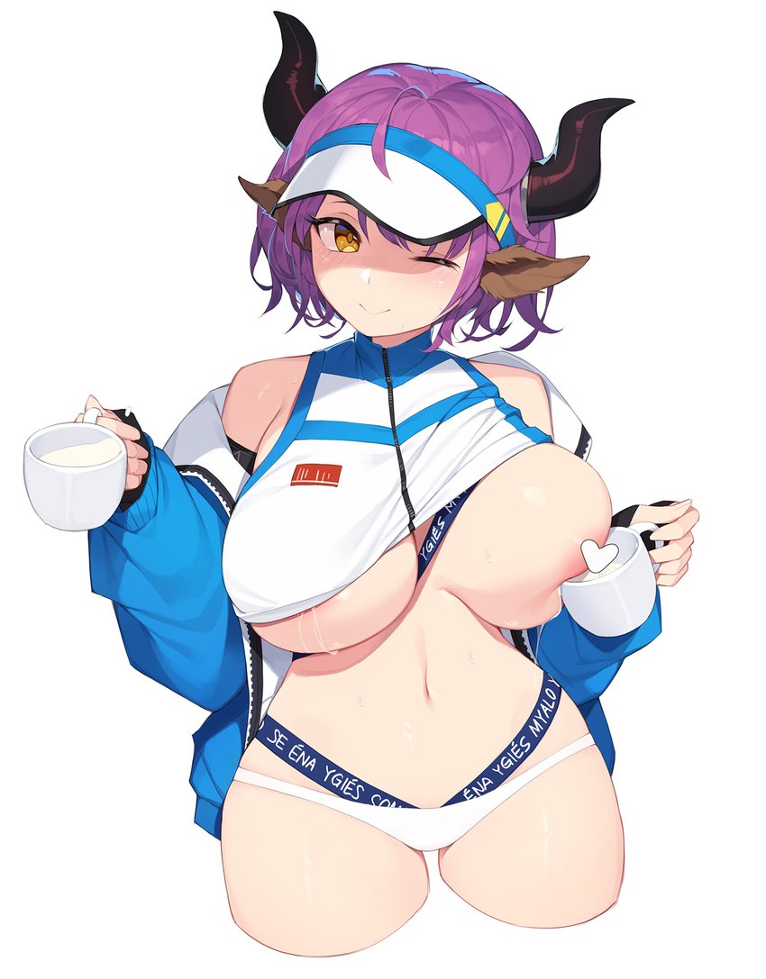 big_breasts bodily_fluids breasts clothing container cup female hair heart_censor heart_symbol horn lactating milk one_eye_closed panties purple_hair simple_background solo underwear white_background wink yellow_eyes pepper0 arknights hypergryph studio_montagne sideroca_(arknights) animal_humanoid bovid bovid_humanoid bovine bovine_humanoid cattle_humanoid humanoid mammal mammal_humanoid 2021 censored hi_res