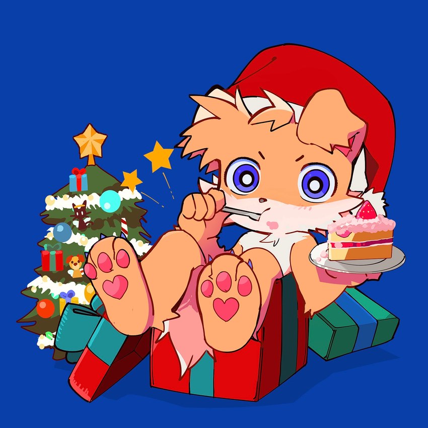 anthro blue_background blue_eyes cake christmas_clothing christmas_headwear claws clothing dessert eating eating_food food fur gift hat headgear headwear holidays looking_at_viewer male pawpads paws santa_hat simple_background solo toe_claws young young_anthro young_male bakeneko_sky christmas autumn_(bakeneko_sky) canid canine canis domestic_dog mammal 1:1 hi_res