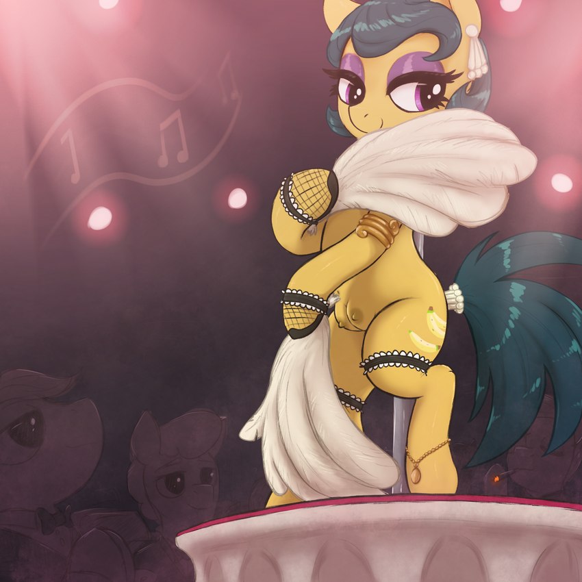 ear_piercing ear_ring eyelashes female hair hooves legband nipples on_stage piercing pupils quadruped ring_piercing smile solo_focus teats thick_thighs thighband t72b friendship_is_magic hasbro my_little_pony cleopatra_jazz_(mlp) earth_pony equid equine horse mammal pony 1:1 absurd_res hi_res