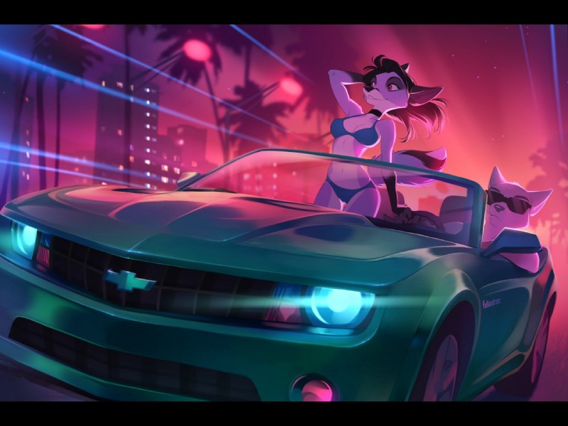 anthro bikini black_bars black_nose breasts car choker city clothed clothing convertible detailed_background duo eyewear female inside_car jewelry male midriff motor_vehicle navel necklace night smile standing sunglasses swimwear two-piece_swimsuit vehicle yulliandress chevrolet chevrolet_camaro canid canine fox mammal 2019 4:3 digital_media_(artwork)