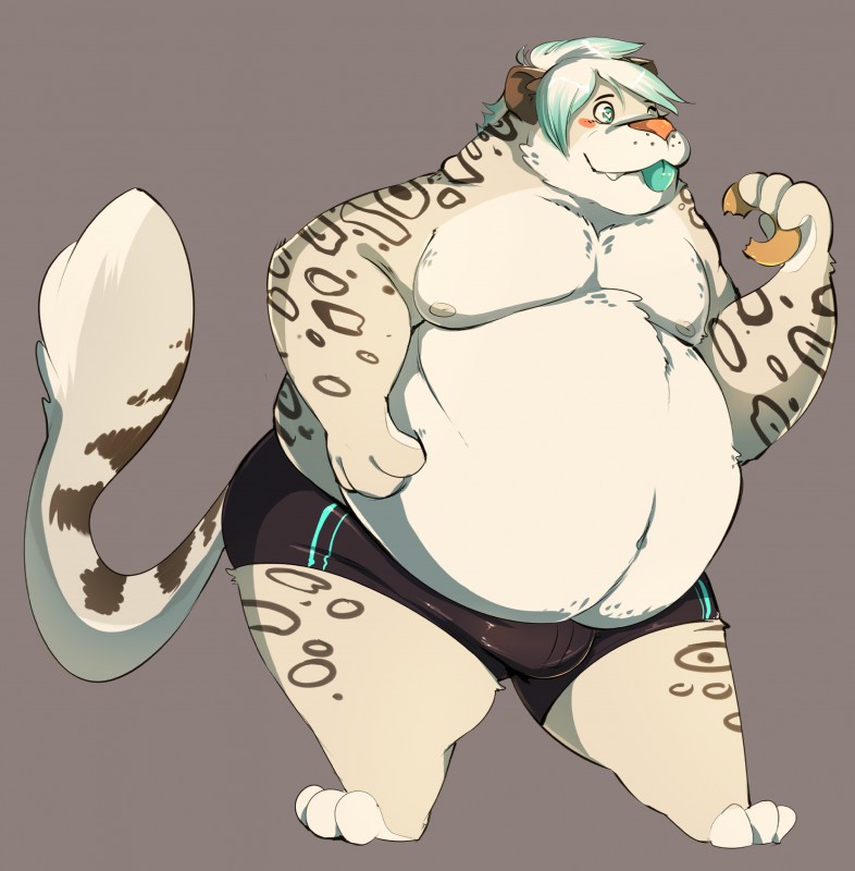 anthro belly big_belly blush bulge clothed clothing dessert doughnut food fur hand_on_belly heart_eyes heart_symbol holding_food holding_object male markings moobs navel nipples obese obese_anthro obese_male overweight overweight_anthro overweight_male pastry solo spots spotted_body spotted_fur standing thick_thighs tongue tongue_out topless white_body white_fur midoricrocodile spikey_(spikeyshadowcat) felid mammal pantherine snow_leopard spikey absurd_res hi_res