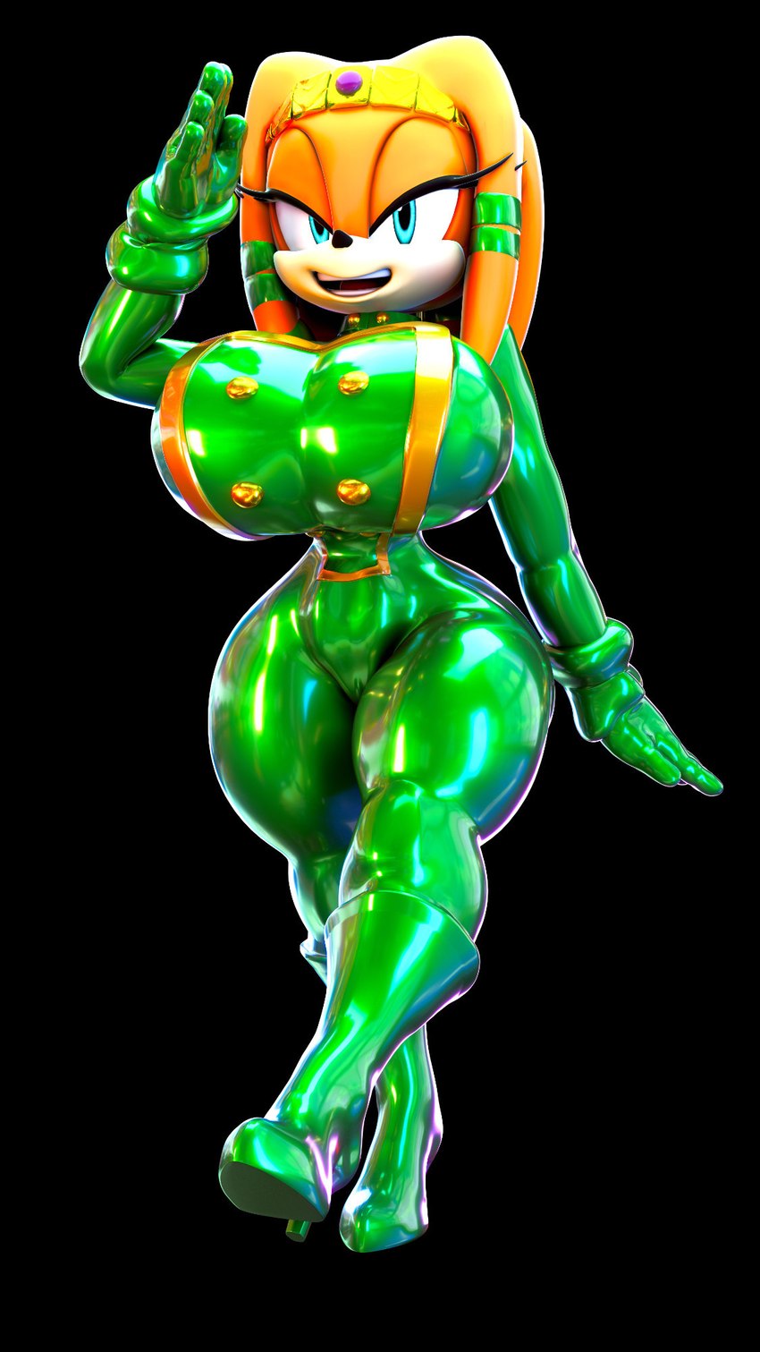 accessory anthro big_breasts black_background black_nose blue_eyes bodysuit boots breasts clothed clothing crown eyelashes female footwear front_view fur gesture glistening glistening_bodysuit glistening_clothing glistening_latex glistening_skinsuit green_bodysuit green_clothing green_latex green_skinsuit hair_accessory handwear headgear high_heeled_boots high_heels jewelry latex latex_bodysuit latex_clothing latex_skinsuit latex_uniform military_uniform open_mouth open_smile orange_body orange_fur rubber_clothing salute shoes simple_background skinsuit small_waist smile solo teeth thick_thighs tight_clothing uniform wide_hips palisal sega sonic_adventure sonic_the_hedgehog_(series) tikal_the_echidna echidna mammal monotreme 2025 3d_(artwork) 9:16 blender_(artwork) digital_media_(artwork) hi_res