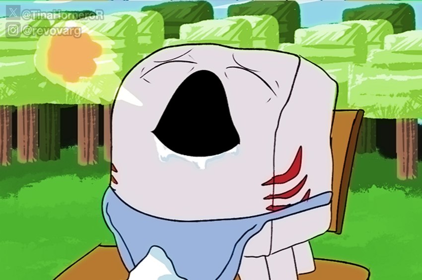 ambiguous_gender blue_eyes bodily_fluids chair collar crying day fire fireball furniture grass open_mouth outside plant sitting sky solo tears tree revov don't_cry_little_monster_(meme) microsoft minecraft mojang xbox_game_studios ghast_(minecraft) ghastling_(minecraft) happy_ghast_(minecraft) meme