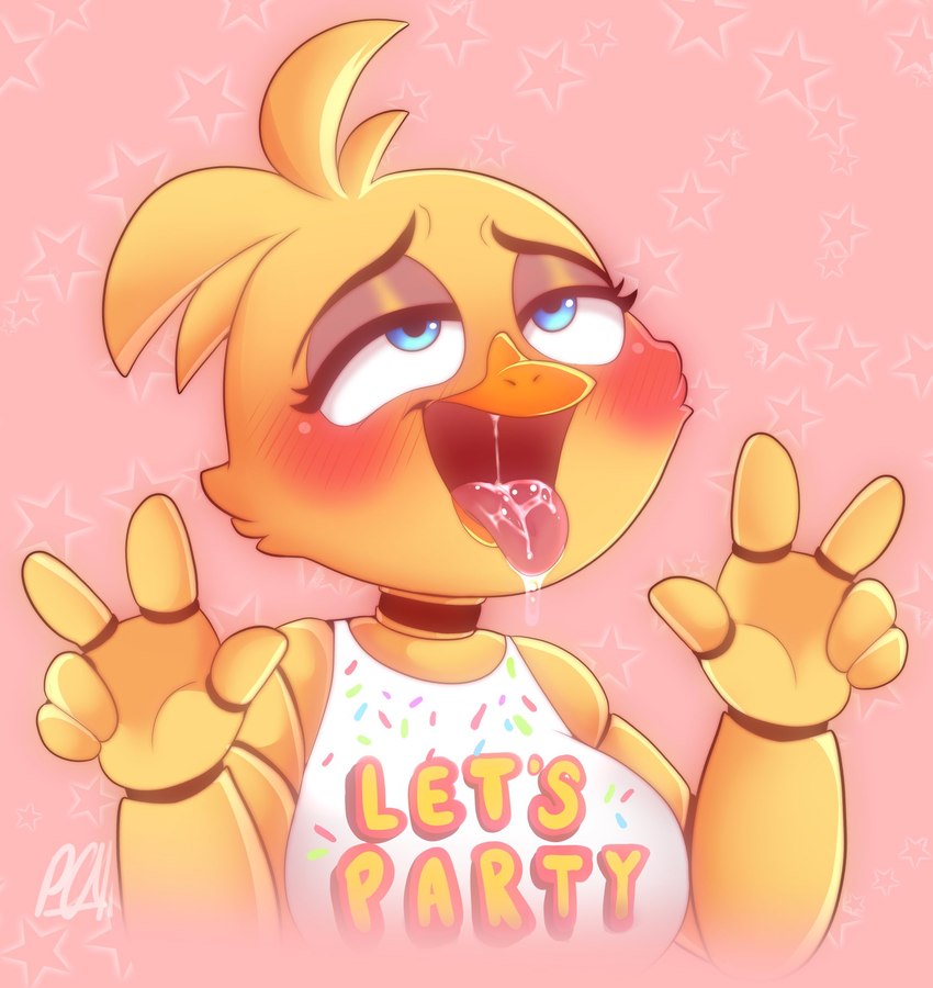 ahegao anthro beak bib big_breasts blush blushing_profusely bodily_fluids breasts choker double_v_sign eye_roll eyelashes eyeshadow female gesture hand_gesture jewelry joints looking_pleasured machine makeup necklace non-mammal_breasts saliva saliva_on_tongue smile solo v_sign cherrypix five_nights_at_freddy's five_nights_at_freddy's_2 scottgames toy_chica_(fnaf) animatronic avian bird chicken galliform gallus_(genus) phasianid robot hi_res