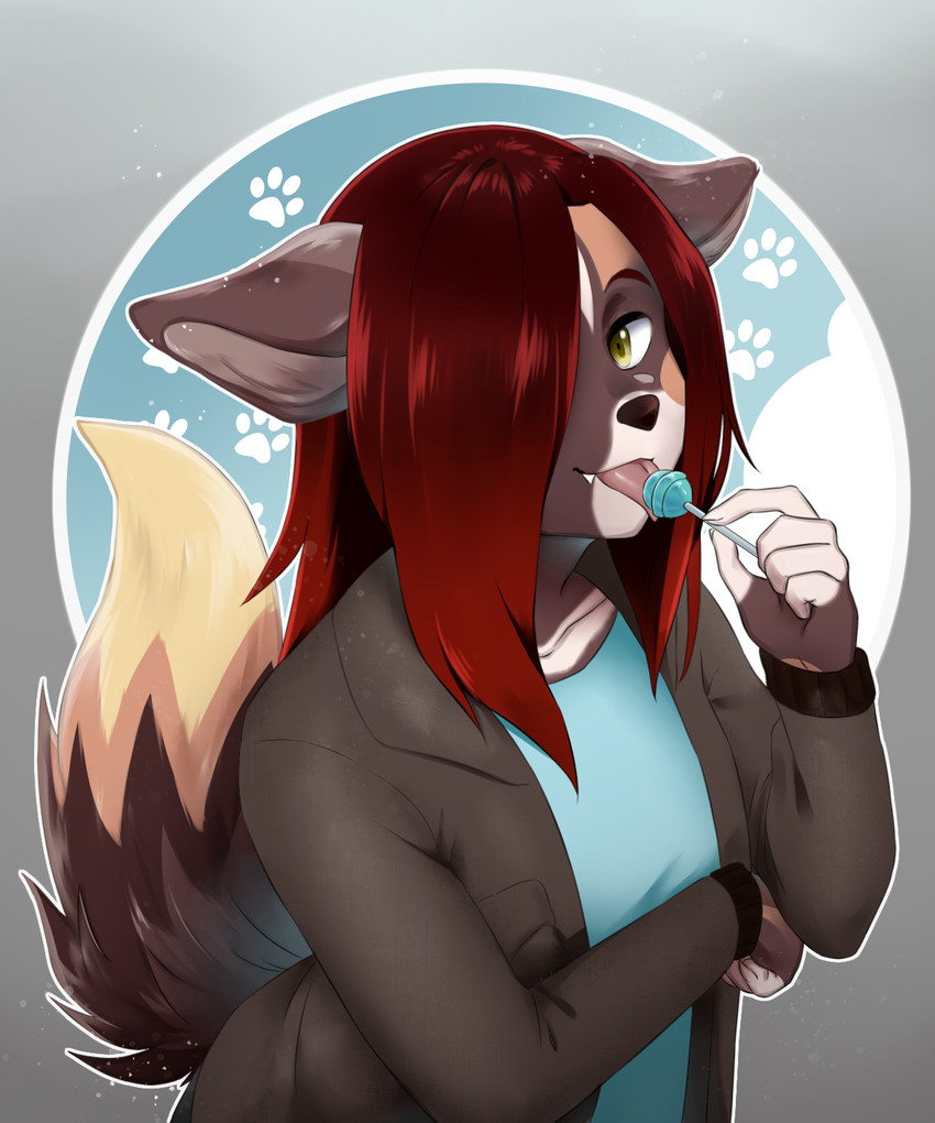 anthro candy clothing dessert food green_eyes hair jacket leather leather_clothing leather_jacket leather_topwear licking lollipop looking_at_viewer male raised_tail red_hair simple_background solo tail tongue tongue_out topwear bat-kat ako_(character) african_wild_dog canid canine mammal 5:6 hi_res