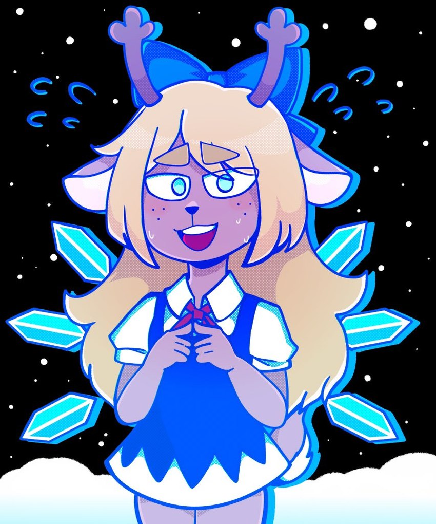 anthro antlers biped blonde_hair clothed clothing cosplay crossover_cosplay female front_view fully_clothed hair horn long_hair looking_at_viewer monotone_hair open_mouth open_smile smile snowgrave solo standing d_vaaaah deltarune touhou undertale_(series) cirno noelle_holiday deer mammal new_world_deer reindeer 2021 crossover portrait three-quarter_portrait