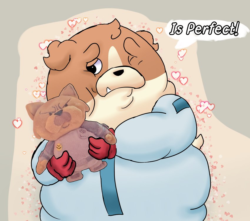 anthro belly clothing dog_plushie heart_symbol male one_eye_closed plushie real solo speech_bubble text uniform ugly-rat15508 dogs_in_space netflix jerry_(dogs_in_space) loaf_(dogs_in_space) bulldog canid canine canis chow_chow domestic_dog mammal mastiff molosser spitz hi_res