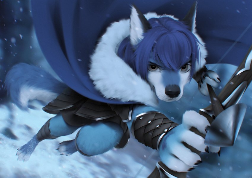 action_pose anthro barefoot black_nose blue_hair bow_(weapon) feet hair holding_object holding_ranged_weapon holding_weapon looking_at_viewer pose ranged_weapon snow solo weapon wayn_animation canid canine canis mammal wolf adobe_photoshop_(artwork) digital_media_(artwork) digital_painting_(artwork) hi_res