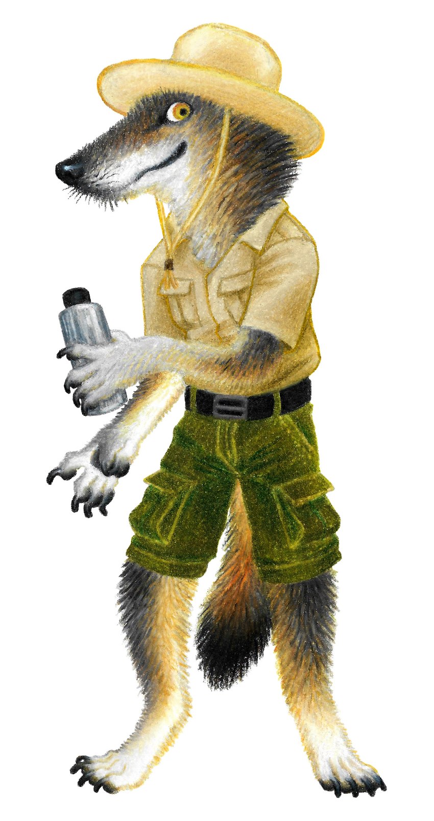 anthro bottle brown_body brown_fur claws clothed clothing container digitigrade female fur grey_body grey_fur hat headgear headwear holding_object park_ranger pawpads smile solo water_bottle white_body white_fur yellow_eyes ink-the-artist mythology canid canine mammal mythological_canine mythological_creature werecanid werecanine werecreature werewolf absurd_res hi_res