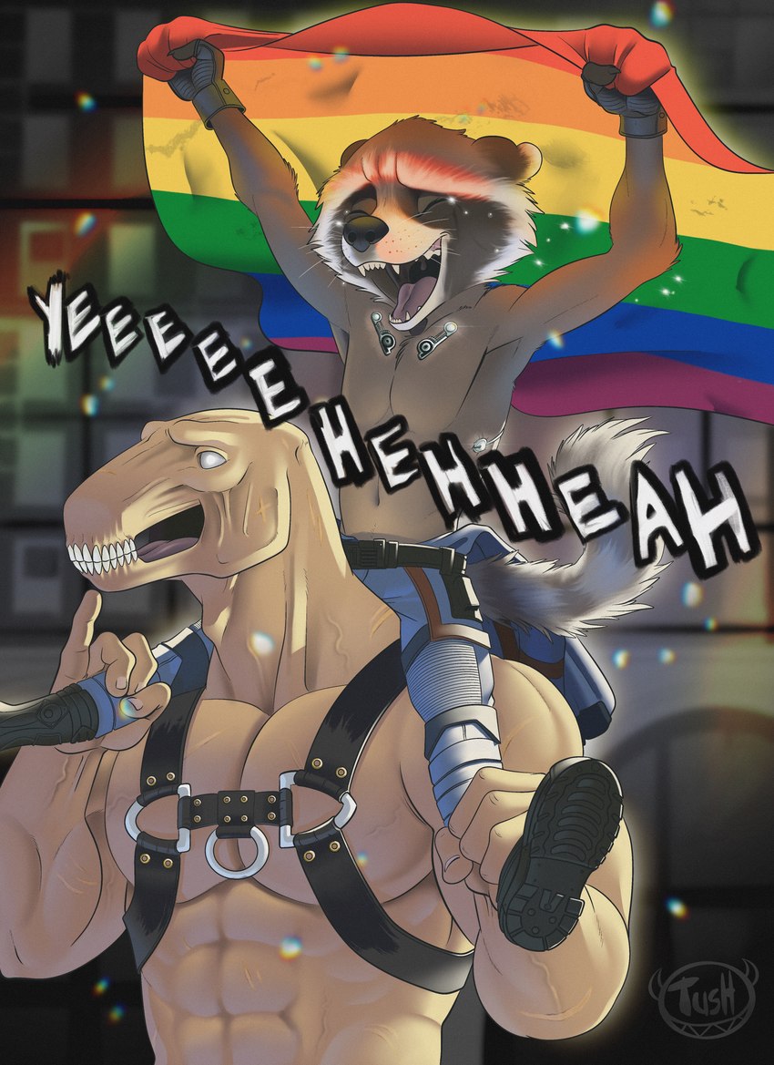 abs anthro duo flag flag_(object) holding_flag holding_object lgbt_pride male male/male muscular muscular_humanoid muscular_male pecs pride_color_flag pride_colors rainbow_pride_colors six-stripe_rainbow_pride_colors vein veiny_muscles tush_(artist) guardians_of_the_galaxy lgbt_pride_month marvel beta_ray_bill rocket_raccoon alien humanoid korbinite mammal procyonid raccoon absurd_res hi_res