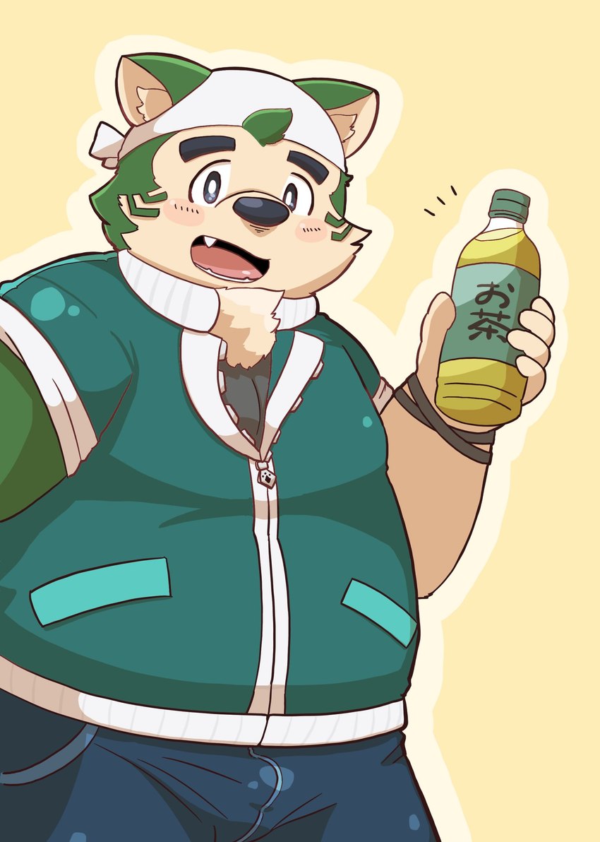 anthro belly beverage blush bottle clothing container eyebrows fur green_body green_fur jacket kerchief male overweight smile solo thick_eyebrows topwear nekotapixiv lifewonders live_a_hero mokdai canid canine canis domestic_dog mammal hi_res