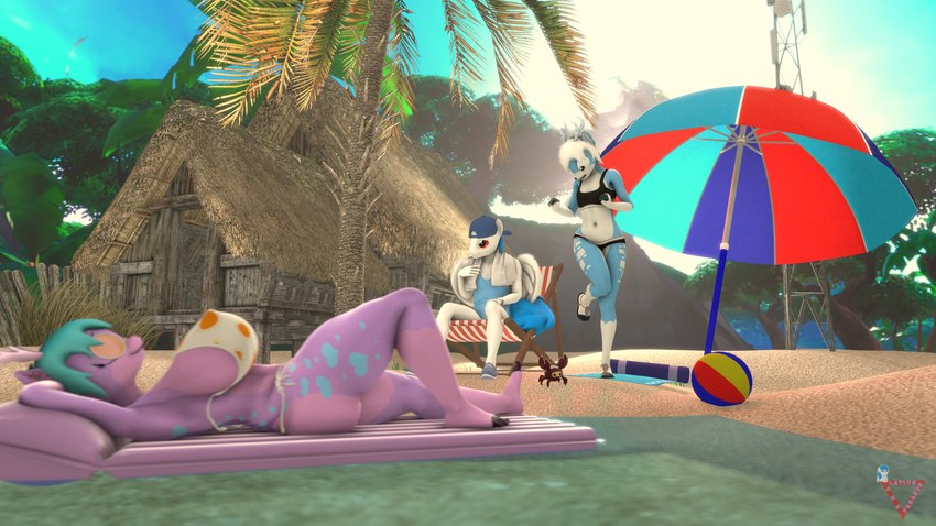 5_fingers 5_toes anthro antlers ball barefoot beach beach_ball beach_chair beach_towel beach_umbrella bikini blue_body blue_clothing blue_hair blue_heart blue_shirt blue_sky blue_tail blue_topwear blue_towel bottomwear bra breasts cabin cell_tower chair clothed clothing day detailed_background doorway eyelashes eyes_closed eyewear feet female fence fingers floating footwear forest forest_background furniture grass grey_eyes group hair hat headgear headwear heart_symbol horn hotpants humanoid_feet inflatable light lying male mouth_closed multicolored_body nature nature_background navel on_chair open_mouth outside palm_frond palm_tree panties parasol pink_body plant plantigrade polka_dots pool_float pool_toy purple_body purple_towel raised_leg red_eyes rooftop sand sandals scared sea seaside shirt shoes shorts sitting sitting_on_chair sky smile sneakers stripes sunglasses sunglasses_on_face sunlight swimwear tail tall_grass teeth toes topwear towel towel_around_neck tree trio two-piece_swimsuit umbrella underwear wall_(structure) water white_body white_bra white_clothing white_hair white_panties white_underwear wings wood wood_fence wood_wall latiospegasus friendship_is_magic hasbro my_little_pony mythology fan_character felicia_(latiospegasus) felix_(latiospegasus) latios_pegasus_(oc) ambient_arthropod ambient_crab ambient_crustacean ambient_sealife deer earth_pony equid equine horse hybrid mammal mythological_creature mythological_equine pegasus pony 16:9 2021 3d_(artwork) 4k absurd_res blender_(artwork) digital_media_(artwork) hi_res source_filmmaker_(artwork) watermark widescreen