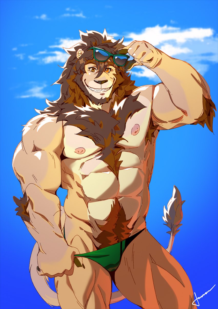 andromorph anthro beard body_hair clothing eyewear facial_hair hair happy_trail intersex looking_at_viewer mane muscular muscular_anthro nipples pecs smile solo speedo sunglasses swimwear taoren jun_(scj) felid lion mammal pantherine hi_res nonbinary_(lore)