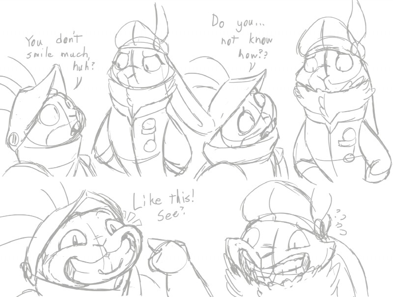 anthro armor bodily_fluids clothing dewlap_(anatomy) dialogue duo female flying_sweatdrops frown grin hat headgear headwear helmet humor male smile sweat sweatdrop text emusal armello league_of_geeks barnaby_(armello) elyssia_(armello) lagomorph leporid mammal rabbit comic english_text monochrome sketch