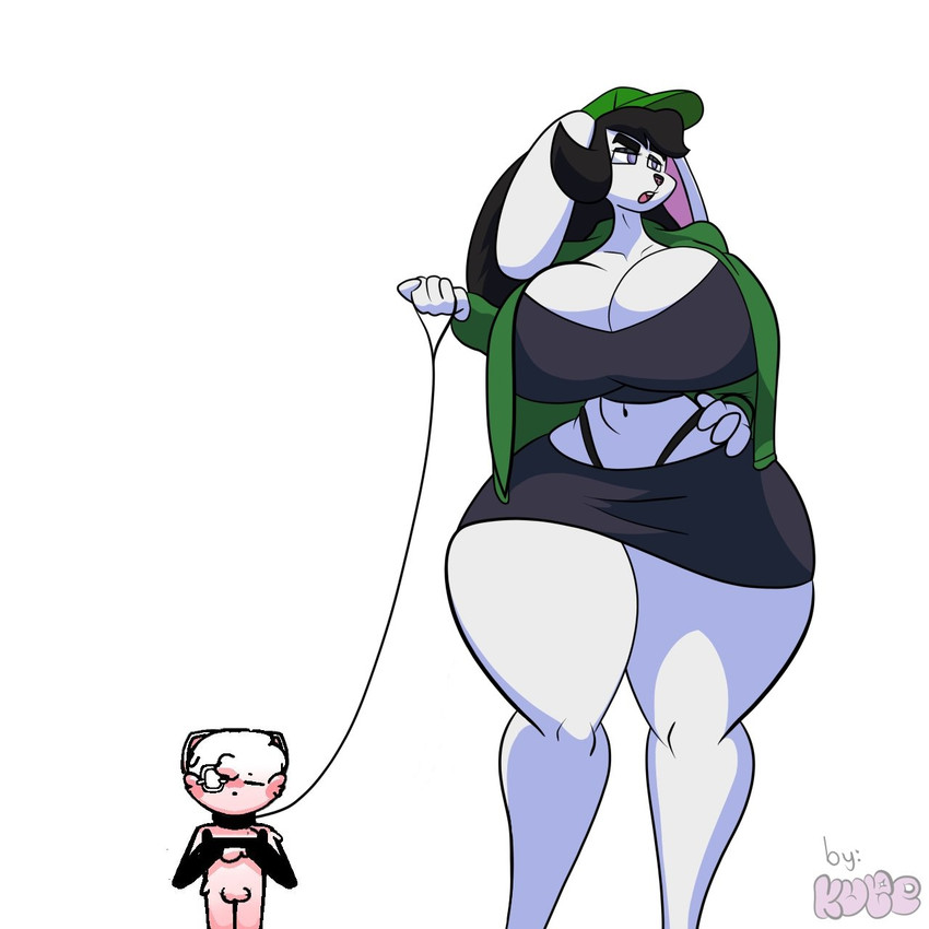 anthro big_breasts black_hair bottomwear breasts clothing collar duo female hair hat headgear headwear huge_breasts jacket male navel purple_eyes size_difference skirt thick_thighs topwear kuge paila_(kuge) lagomorph leporid mammal rabbit 1:1 hi_res