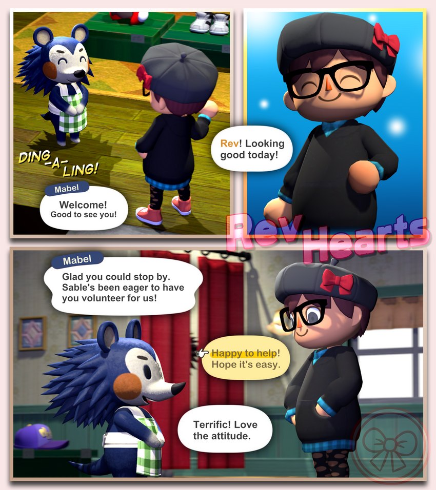 anthro clothed clothing female male smile smiling_at_another smiling_at_each_other text revhearts animal_crossing nintendo mabel_able rev_(revhearts) eulipotyphlan hedgehog human mammal 3d_(artwork) comic digital_media_(artwork) english_text hi_res