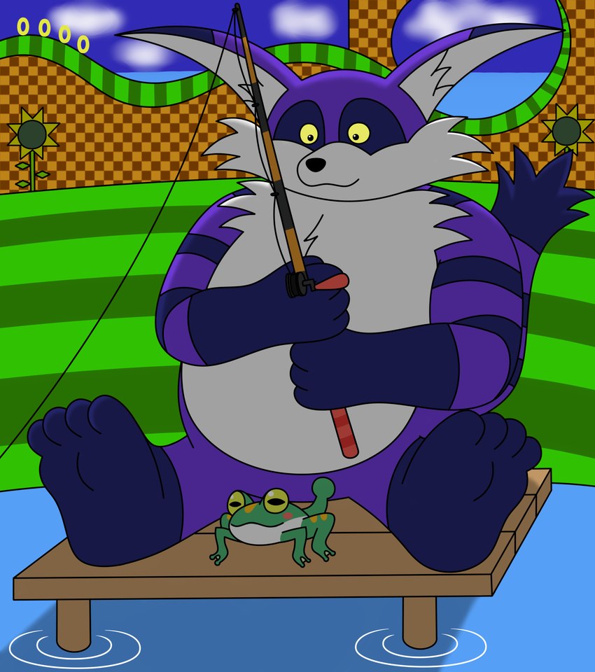 4_toes anthro barefoot belly big_belly duo feet fishing fishing_rod fur male overweight overweight_anthro overweight_male purple_body purple_fur striped_body striped_fur stripes tail toes water reggie_rakun sega sonic_the_hedgehog_(series) big_the_cat froggy_(sonic) amphibian domestic_cat felid feline felis frog mammal 2024 absurd_res hi_res shaded soft_shading