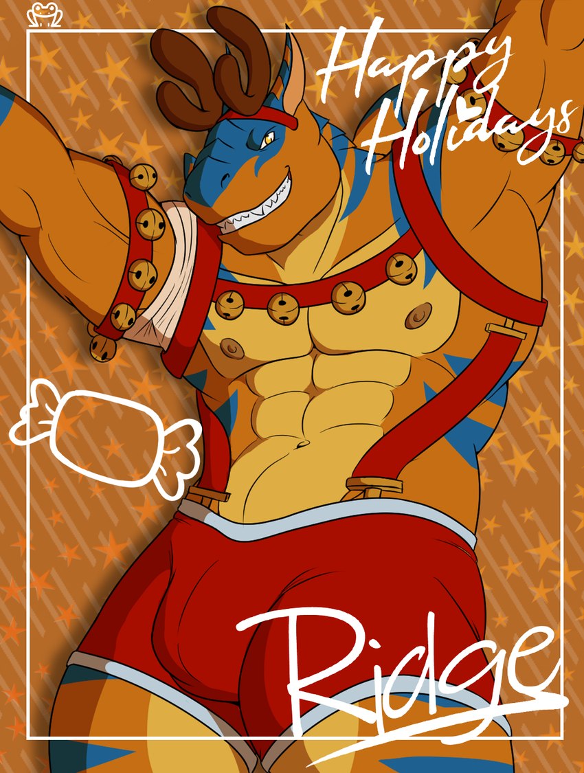 anthro bell bell_harness bottomwear bulge clothing flexing harness jingle_bell jingle_bell_harness male reindeer_antlers solo tight_bottomwear tight_clothing dasinbun capcom higlafavtfom hopkeeper_games monster_hunter ridge_(higlafavtfom) flying_wyvern tigrex hi_res