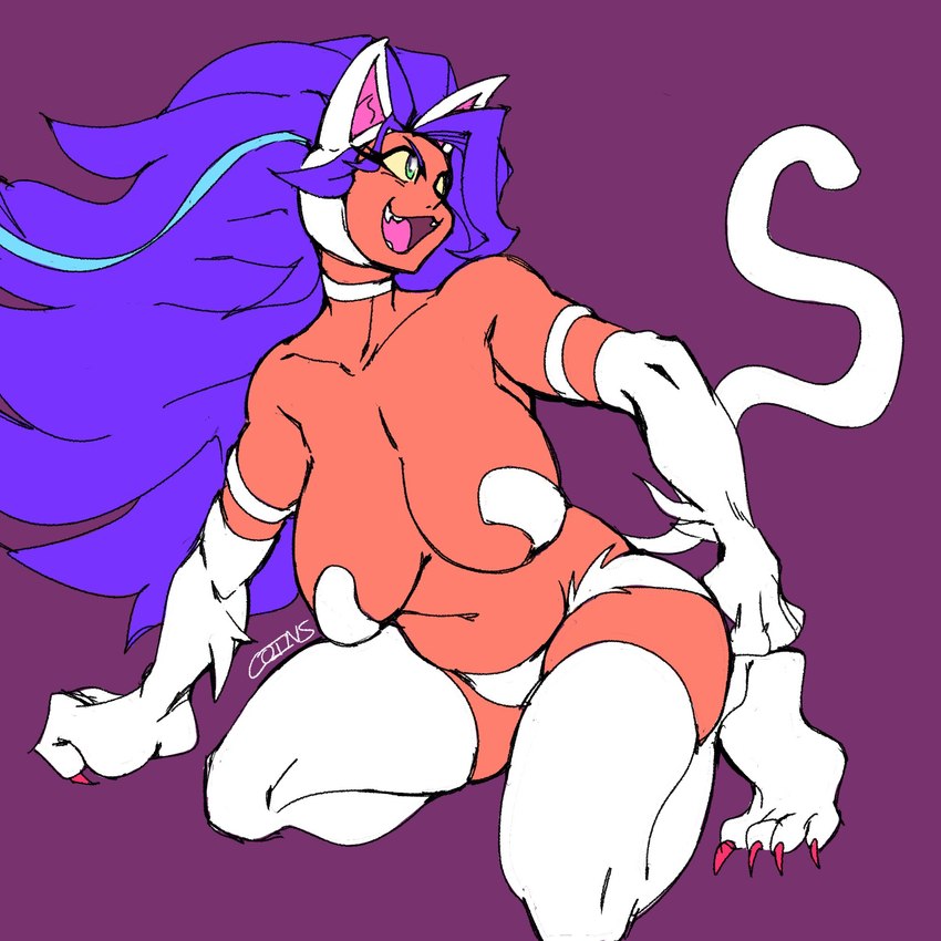 belly big_breasts blue_eyes blue_hair breasts claws crouching fangs female fur hair long_hair narrowed_eyes naturally_censored navel open_mouth open_smile pink_claws purple_background simple_background slightly_chubby slightly_chubby_female slightly_chubby_humanoid smile solo tail tan_body tan_skin teeth white_body white_fur yellow_sclera coins750 capcom darkstalkers felicia_(darkstalkers) animal_humanoid cat_humanoid felid felid_humanoid feline feline_humanoid humanoid mammal mammal_humanoid 1:1 2024 digital_drawing_(artwork) digital_media_(artwork) full-length_portrait hi_res portrait signature