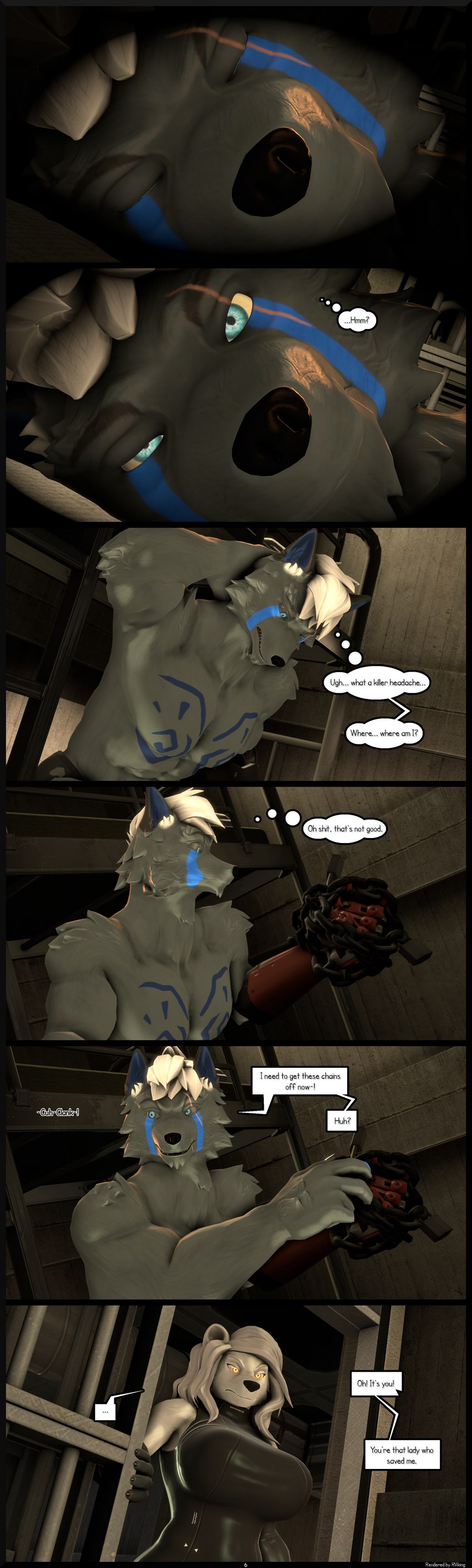 5_fingers abs anthro armwear athletic athletic_anthro athletic_male bed big_breasts black_nose blue_eyes blue_markings bodysuit bound breasts bunk_bed chain chained chest_markings clothed clothing dialogue duo eyes_closed facial_markings female fingers fur furniture gloves grey_body grey_fur hair handwear head_markings humanoid_hands inside male markings page_number prison_cell prisoner prosthetic prosthetic_arm prosthetic_limb skinsuit speech_bubble teeth text thought_bubble thoughts tight_clothing topless topless_anthro topless_male waking_up white_body white_fur white_hair yellow_eyes reindeerviking petruz_(modeler) nataliya_(petruz) theo_(lorekeeper_nate) bear canid canine canis mammal polar_bear ursine wolf 2024 3d_(artwork) absurd_res comic digital_media_(artwork) english_text hi_res source_filmmaker_(artwork)