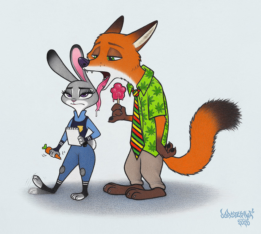 anthro bodily_fluids bottomwear clothed clothing drooling duo female food fully_clothed fur green_eyes grey_body grey_fur holding_food holding_object holding_popsicle licking male necktie orange_body orange_fur pants pawpsicle police police_uniform popsicle purple_eyes saliva shirt simple_background teeth tongue tongue_out topwear uniform white_body white_fur dubstepina disney zootopia judy_hopps nick_wilde canid canine fox lagomorph leporid mammal rabbit red_fox true_fox 2020 signature