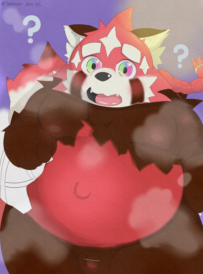 anthro balls belly brown_body censor_bar flaccid genitals ineffective_censorship kemono male moobs nipples overweight overweight_male penis question_mark red_body small_penis solo young young_anthro tanpaoex lifewonders tokyo_afterschool_summoners zhurong_(tas) ailurid mammal red_panda 2021 censored hi_res