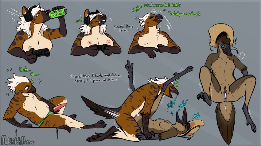 3_toes 5_fingers anthro anthro_on_anthro anthro_penetrated anthro_penetrating anthro_penetrating_anthro anus avian_feet beak beverage biped black_beak blue_eyes bodily_fluids breasts brown_body brown_feathers brown_fur chest_tuft claws clitoral_hood clothed clothing controller cum cum_in_pussy cum_inside digitigrade drinking duo electronics energy_drink erection feathers feet female female_penetrated finger_claws fingers flat_chested ftm_transformation fur gaming gender_transformation genital_fluids genitals grey_background hair hat hat_only headgear headgear_only headphones headset headwear headwear_only inner_ear_fluff looking_pleasured lying male male/female male_penetrating male_penetrating_female mostly_nude motion_lines nipples nude on_back one_eye_closed open_beak open_mouth penetration penis precum pussy scuted_arms scuted_feet scutes sex simple_background species_transformation tail tail_feathers tapering_penis text thong toe_claws toes topless transformation tuft underwear vaginal vaginal_penetration white_body white_fur white_hair meldritchhorror fys lizanne avian bird hyena lyrebird mammal oscine passerine spotted_hyena superb_lyrebird 16:9 2022 digital_media_(artwork) english_text hi_res widescreen