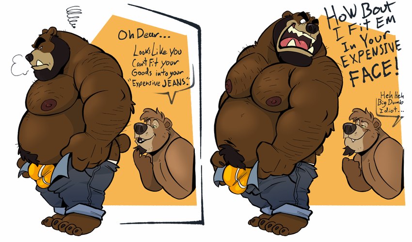 2_panel_comic 4_fingers 4_toes angry anthro balls_outline beard biped bottomwear brown_body brown_fur bulge claws clothed clothing denim denim_bottomwear denim_clothing detailed_bulge dialogue duo facial_hair fangs feet fingers fur genital_outline hair holding_bottomwear holding_clothing holding_object holding_pants jeans male male/male male_anthro musclegut muscular muscular_anthro muscular_male nipples overweight overweight_anthro overweight_male pants penis_outline pubes pulling_up_pants simple_background speech_bubble standing suggestive tail tan_body tan_fur teasing teeth text tight_clothing toes tongue topless topless_anthro topless_male tusks underwear yellow_clothing yellow_underwear dead_stray_bear tight_pants_(meme) b_(dead_stray_bear) damien_(ethancostas) bear mammal comic english_text hi_res meme