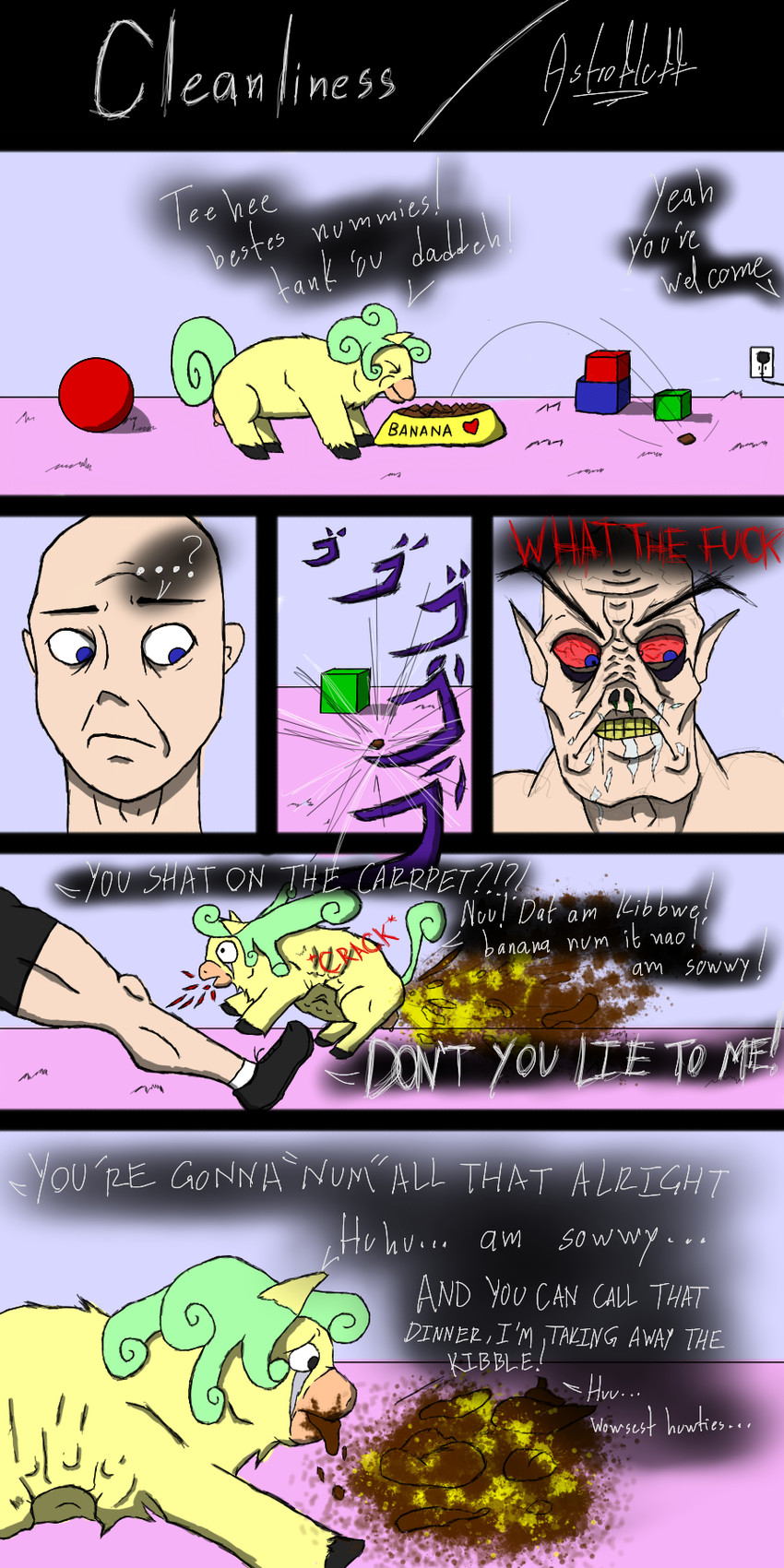 ambiguous_gender angry apology baby_talk bald ball block blood blue_eyes bodily_fluids bottomwear bowl clothing container dialogue duo eating_feces feces feces_in_mouth feces_pile female feral footwear fur genital_fluids green_hair hair kibble male peeing pooping power_outlet red_eyes shadow shoes shorts socks teats teeth text urine violence yellow_body yellow_fur yellow_teeth astrofluff fluffy_pony banana_(fluffy_pony) fluffy_pony_(species) human mammal 1:2 english_text hi_res signature