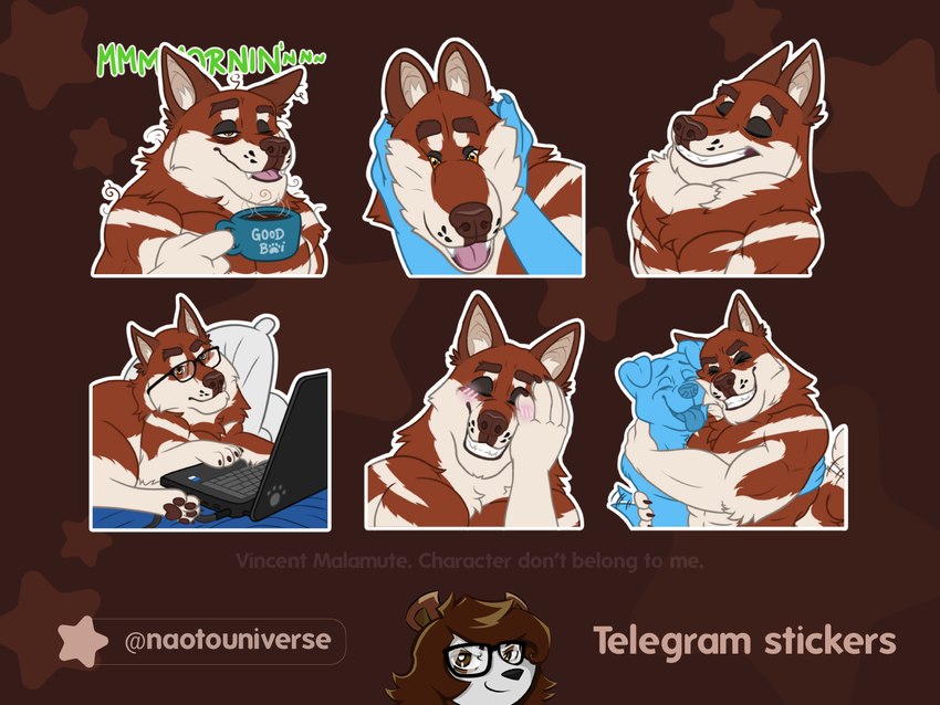 anthro beverage coffee coffee_mug computer electronics eyes_closed hug male muscular muscular_male shy smile solo sticker working naoto telegram vince_the_malamute alaskan_malamute canid canine canis domestic_dog mammal nordic_sled_dog spitz 4:3