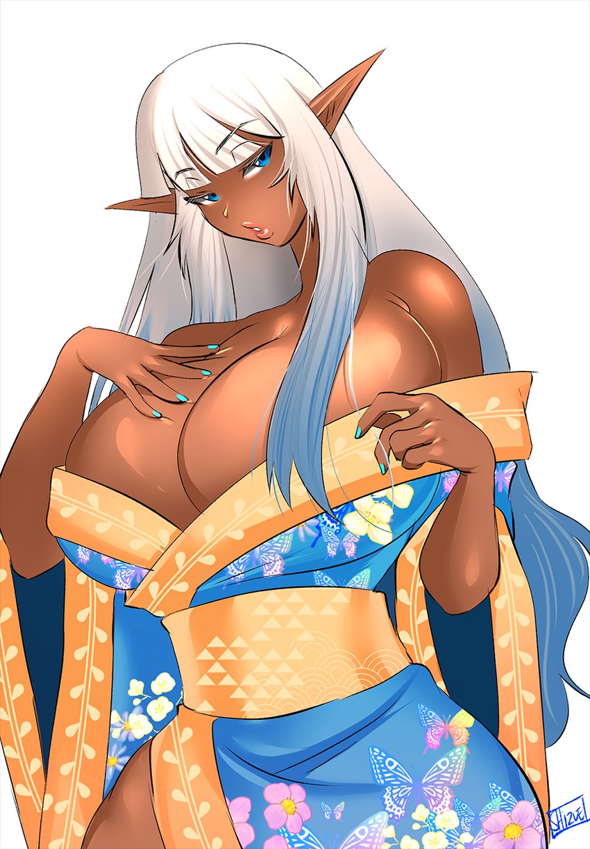 asian_clothing big_breasts breasts cleavage clothed clothing dark_body dark_skin east_asian_clothing female huge_breasts japanese_clothing kimono not_furry solo luvon elf humanoid hi_res