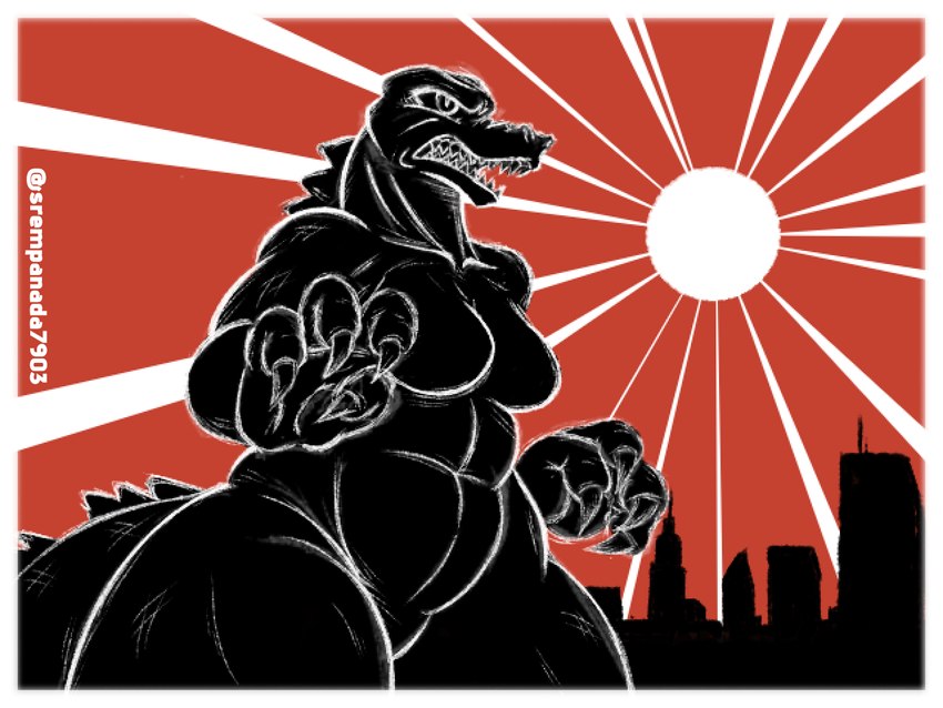 angry anthro back_spikes breasts city city_background claws crossgender fangs featureless_breasts featureless_crotch female light light_beam red_background simple_background solo spiked_tail spikes spikes_(anatomy) sunbeam sunlight tail teeth white_line_art sr_empanada godzilla_(series) toho godzilla kaiju scalie 4:3 colored_line_art