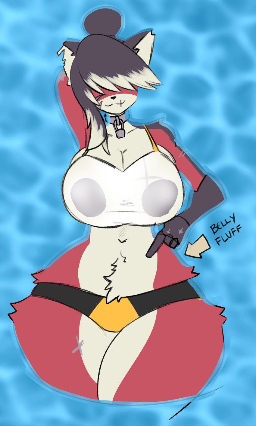 anthro belly_fur big_breasts breasts clothing collar female floating_on_water fur hair huge_breasts missing_arm purple_hair red_body red_fur scar scars_all_over skinny_waist solo swimwear thick_thighs wet wet_clothing wide_hips anuki locke_revolver_(anuki) ailurid mammal red_panda 2024 3:5 hi_res