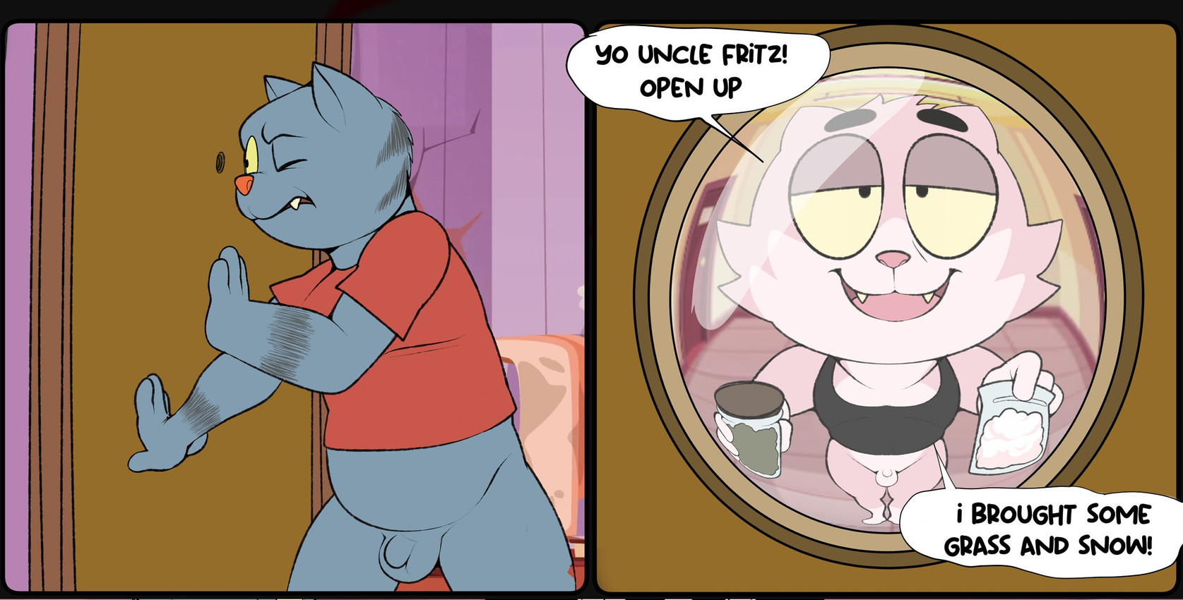 4_fingers anthro balls belly black_clothing black_eyes black_shirt black_tank_top black_topwear bottomless bottomless_anthro bottomless_male butt cheek_tuft clothed clothing cocaine curvy_figure cute_fangs dialogue digitigrade drugs duo facial_tuft fangs fingers flaccid fur genitals grey_body head_tuft male marijuana multicolored_body multicolored_fur orange_nose peephole penis pink_body pink_fur pink_nose plastic_bag red_clothing red_shirt red_topwear shirt small_penis snout speech_bubble standing striped_body stripes tail tank_top teeth text tired_eyes topwear tuft two_tone_body two_tone_fur yellow_sclera yellow_teeth conditional_dnp erobos fritz_the_cat fritz_the_cat_(character) roz_(erobos) domestic_cat felid feline felis mammal 2025 colored comic digital_media_(artwork) english_text flat_colors hi_res